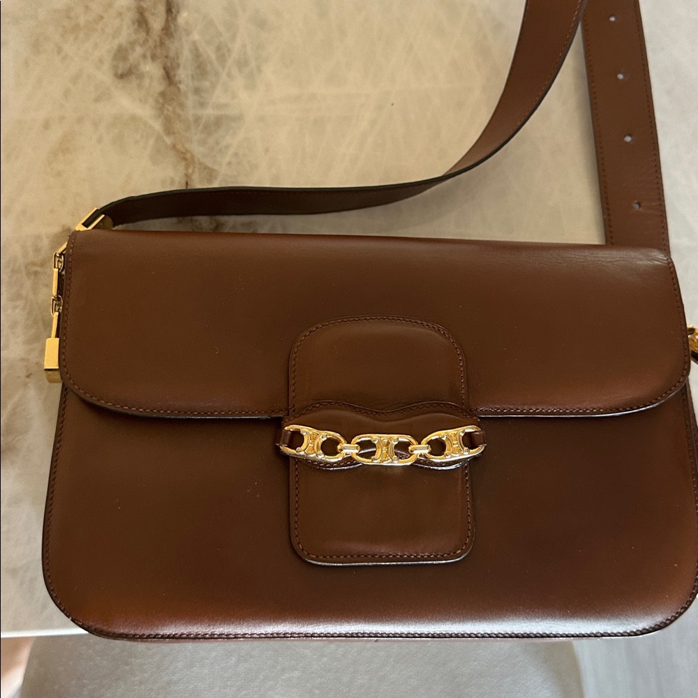 Vintage Celine Brown Leather Crossbody Bag with Gold Chain